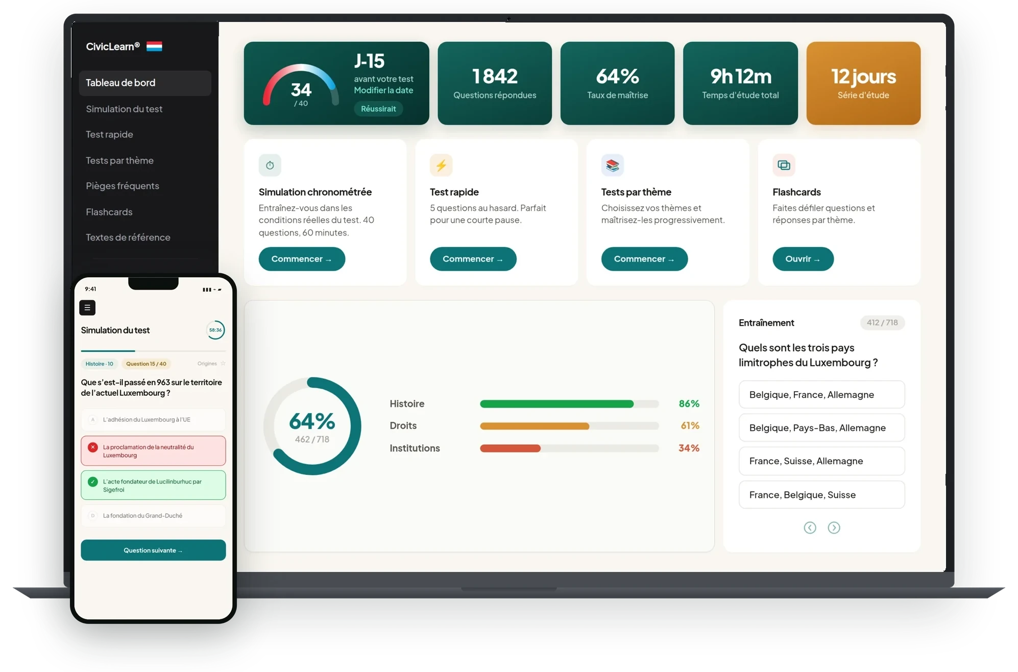 Le tableau de bord CivicLearn et le test Vivre-ensemble sur ordinateur et sur mobile